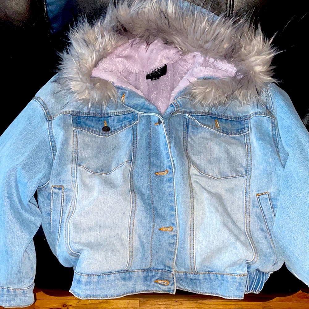 Jean cropped top warm fur hooded jacket